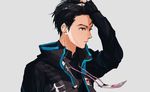  black_hair brown_eyes closed_mouth en_(enxxx) grey_background hair_slicked_back hand_on_own_head jacket katsuki_yuuri lanyard long_sleeves looking_away male_focus simple_background solo track_jacket yuri!!!_on_ice 