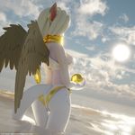  2017 3d_(artwork) anthro ashnar bikini blender_(software) breasts clothing digital_media_(artwork) ear_piercing feathered_wings feathers female hair opal_(ashnar) outside partially_submerged piercing rear_view solo sphinx sun swimsuit white_hair wings 