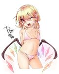  arms_behind_back bare_shoulders bikini blonde_hair breasts cowboy_shot cropped_legs fangs flandre_scarlet halterneck looking_at_viewer one_eye_closed open_mouth pink_bikini pointy_ears red_eyes revision shamo_(koumakantv) small_breasts smile solo string_bikini swimsuit touhou white_background wings 