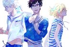  black_hair blonde_hair blue-framed_eyewear blue_eyes brown_eyes en_(enxxx) glasses green_eyes hood katsuki_yuuri male_focus multiple_boys open_mouth sailor_collar silver_hair smile viktor_nikiforov yuri!!!_on_ice yuri_plisetsky 