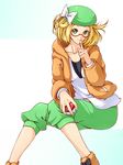  bel_(pokemon) blonde_hair bow closed_mouth collarbone finger_to_mouth glasses green_eyes green_hat hat hat_bow highres holding holding_poke_ball kagkfc1z long_sleeves looking_at_viewer poke_ball poke_ball_(generic) pokemon pokemon_(game) pokemon_bw2 semi-rimless_eyewear short_hair smile solo white_bow 