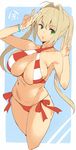  absurdres ahoge bangs bikini blonde_hair breasts commentary_request criss-cross_halter double_v eyebrows_visible_through_hair fate/grand_order fate_(series) green_eyes hair_intakes halter_top halterneck highres large_breasts long_hair looking_at_viewer navel nero_claudius_(fate)_(all) nero_claudius_(swimsuit_caster)_(fate) pokkora red_bikini solo stomach striped striped_bikini swimsuit twintails v 