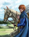  animal annelie bad_id bad_pixiv_id belt blue_cape blue_sky brown_hair cape closed_mouth cloud cloudy_sky dated day eliwood_(fire_emblem) fire_emblem fire_emblem:_rekka_no_ken grass horse lake long_sleeves looking_afar male_focus mountain outdoors profile reins signature sky smile standing 