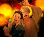  black_hair blue_eyes brown_eyes cellphone en_(enxxx) hair_slicked_back japanese_clothes katsuki_yuuri kimono male_focus multiple_boys one_eye_closed open_mouth phone self_shot shaved_ice silver_hair smartphone smile summer_festival tongue tongue_out viktor_nikiforov yukata yuri!!!_on_ice 