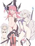  3girls :o armor arms_behind_back ass_visible_through_thighs bandaged_arm bandages bandeau bikini bikini_armor black_bikini black_legwear blade_(galaxist) blush breasts burning_at_the_stake chain contrapposto dragon_tail elbow_gloves elizabeth_bathory_(brave)_(fate) elizabeth_bathory_(fate) elizabeth_bathory_(fate)_(all) fang fate/apocrypha fate/extra fate/grand_order fate_(series) fire flat_chest fork gloves greaves grin hair_between_eyes heart horns jack_the_ripper_(fate/apocrypha) jeanne_d'arc_(alter)_(fate) jeanne_d'arc_(fate)_(all) knife large_breasts lighter long_hair loose_bikini multiple_girls navel pink_hair pointy_ears purple_swimsuit red_armor restrained scar silver_hair simple_background slingshot_swimsuit smile standing strap_gap swimsuit sword tail tears thighhighs two_side_up very_long_hair weapon white_background yellow_eyes 