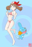  absurdres barefoot bikini blue_background blue_eyes blush breasts brown_hair cleavage eyebrows_visible_through_hair floating_hair full_body hair_between_eyes haruka_(pokemon) hat highres leg_up long_hair mudkip navel poke_ball_symbol pokemon pokemon_(anime) pokemon_(creature) print_bikini red_bikini red_hat sideboob small_breasts smile standing standing_on_one_leg swimsuit tax2rin 