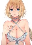  ahoge awata_mokane bangs bare_arms bare_shoulders bikini blonde_hair blue_eyes braid breasts choker cleavage collarbone commentary_request criss-cross_halter deep_skin eyebrows_visible_through_hair fate/apocrypha fate_(series) fingernails frilled_bikini_top frills hair_between_eyes halter_top halterneck hand_on_own_chest headpiece jeanne_d'arc_(fate) jeanne_d'arc_(fate)_(all) large_breasts long_fingernails long_hair parted_lips simple_background single_braid solo swimsuit tsurime upper_body very_long_hair white_background white_bikini white_choker 