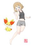  :d absurdres ass_visible_through_thighs barefoot bike_shorts black_shirt blue_eyes brown_hair collarbone fennekin full_body grey_shorts head_tilt highres looking_at_viewer midriff navel open_mouth pokemon pokemon_(anime) pokemon_xy_(anime) serena_(pokemon) shirt short_hair short_shorts shorts sleeveless sleeveless_shirt smile stomach tax2rin 