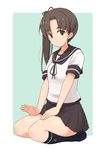  ayanami_(kantai_collection) brown_hair brown_skirt green_eyes hair_ribbon kantai_collection kugui_kiyunemu lap_pillow_invitation long_hair looking_at_viewer pleated_skirt ribbon school_uniform seiza serafuku short_sleeves side_ponytail sitting skirt smile solo 