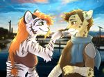  anthro ash_(ashkelling) breasts clothed clothing falvie feline female fur hair keilani kiit0s leopard male mammal nose_boop red_hair smile spots stripes tiger white_fur 