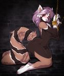 2017 anthro blush bound breasts chained female hair looking_at_viewer luckypan mammal nude purple_eyes purple_hair red_panda restrained solo striped_tail stripes 