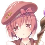  :o beret eyebrows_visible_through_hair face hat hat_ribbon head_tilt highres looking_at_viewer original portrait red_eyes red_hair ribbon sasakura_momiji short_hair simple_background solo staff star_hat_ornament white_background 