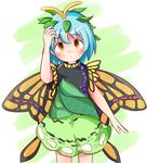  amboina antennae blue_hair blush butterfly_wings commentary_request cowboy_shot dress eternity_larva frown green_background green_dress hair_ornament highres leaf leaf_hair_ornament leaf_on_head looking_at_viewer orange_wings short_hair short_sleeves solo touhou white_background wings yellow_eyes 