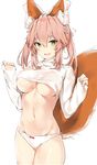  animal_ear_fluff animal_ears bangs blush bow bow_panties breasts cleavage commentary_request cowboy_shot eyebrows_visible_through_hair fang fate/extra fate_(series) fox_ears fox_tail groin hair_between_eyes hair_bow hands_up highres hips large_bow large_breasts long_hair looking_at_viewer navel no_bra open_mouth panties pink_hair red_bow sidelocks silver_(chenwen) simple_background sleeves_past_wrists smile solo sweater tail tamamo_(fate)_(all) tamamo_no_mae_(fate) teeth thighs tsurime turtleneck turtleneck_sweater underboob underwear white_background white_bow white_panties white_sweater yellow_eyes 