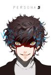  amamiya_ren bangs black_hair blood blood_on_face blue_fire copyright_name dark_persona face fire jacket looking_at_viewer male_focus mins_(minevi) parted_lips persona persona_5 smile solo turtleneck upper_body white_background yellow_eyes 