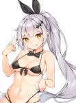  1girl :q bangs bare_shoulders bikini black_bikini black_bow black_neckwear black_ribbon bow bowtie breasts cleavage collarbone commentary eyebrows_visible_through_hair five-seven_(girls_frontline) girls_frontline hair_ribbon head_tilt highres long_hair looking_at_viewer medium_breasts multi-strapped_bikini navel revision ribbon rikoma side_ponytail silver_hair simple_background skindentation solo stomach string_bikini swimsuit tongue tongue_out underboob upper_body v very_long_hair white_background yellow_eyes 