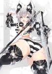  :o animal_ears ass bare_shoulders cat_ears cat_tail eyebrows_visible_through_hair grey_eyes highres looking_at_viewer looking_back mamuru open_mouth original panties short_hair silver_hair skindentation solo striped striped_legwear striped_panties tail thick_thighs thighhighs thighs underwear 