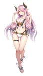  bikini blush braid breasts clenched_hands closed_eyes closed_mouth collarbone commentary_request draph eyebrows_visible_through_hair full_body granblue_fantasy hair_ornament hair_over_one_eye head_tilt highres horns kuro_emimi large_breasts lavender_hair leg_up long_hair narmaya_(granblue_fantasy) navel pointy_ears sandals simple_background smile solo swimsuit thigh_strap very_long_hair white_background white_bikini 