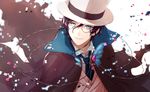  blue_eyes bungou_to_alchemist cape edogawa_ranpo_(bungou_to_alchemist) formal hat highres male_focus monocle necktie suit top_hat white_suit yadosumi 