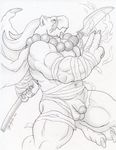  balls bandage breath_of_fire dudebulge fire flaccid gargoyle garr_(breath_of_fire) jewelry male melee_weapon muscular muscular_male necklace penis polearm prayer_beads spear video_games weapon 