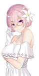  bad_id bad_pixiv_id bangs bare_shoulders black-framed_eyewear breast_hold breasts choker closed_mouth dhfz181 dress eyebrows_visible_through_hair fate/grand_order fate_(series) flower glasses gloves hair_between_eyes hair_flower hair_ornament hand_on_eyewear hand_up highres lily_(flower) looking_at_viewer mash_kyrielight medium_breasts purple_eyes purple_hair ribbon ribbon_choker semi-rimless_eyewear short_hair simple_background smile solo strapless strapless_dress under-rim_eyewear upper_body white_background white_choker white_dress white_gloves white_ribbon 