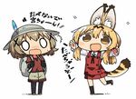  animal_ears backpack bag blank_eyes blonde_hair brown_eyes catchphrase chibi commentary_request cosplay gloves hair_ornament hands_up hat hat_feather helmet hidamari_sketch kaban_(kemono_friends) kaban_(kemono_friends)_(cosplay) kanikama kemono_friends light_brown_hair long_sleeves lowres miyako multiple_girls open_mouth pantyhose pantyhose_under_shorts pith_helmet red_shirt school_uniform serval_(kemono_friends) serval_(kemono_friends)_(cosplay) serval_ears serval_tail shadow shirt short_sleeves shorts sidelocks smile surprised sweatdrop t-shirt tail translated x_hair_ornament yuno 