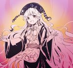  aura brown_eyes chinese_clothes dress hat junko_(touhou) long_hair looking_at_viewer makuwauri open_mouth orange_eyes outstretched_arms smile solo tabard touhou very_long_hair wide_sleeves 