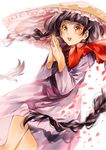  ajirogasa black_hair braid brown_hat buttons capelet cherry_blossoms dress grey_dress hands_together hat long_hair long_sleeves looking_at_viewer open_mouth red_capelet red_eyes red_ribbon ribbon snow solo touhou twin_braids white_background yane_(gokuderanyan) yatadera_narumi 