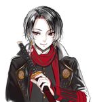  arm_guards armor black_hair black_jacket bow closed_mouth coat earrings holding holding_sword holding_weapon jacket jewelry kashuu_kiyomitsu katana looking_at_viewer male_focus mins_(minevi) mole mole_under_mouth nail_polish open_clothes open_jacket pale_skin ponytail red_eyes red_nails red_scarf scarf sheath sheathed smile sword touken_ranbu uniform upper_body weapon white_background 