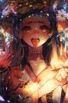 1girl berry black_hair choker commentary_request flower fox hayanse highres holding korean_commentary long_hair looking_at_viewer oni open_mouth original parted_lips red_eyes solo tongue tongue_out white_flower 