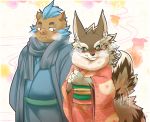  2019 anthro black_nose blush boar brown_fur canine clothed clothing cute_fangs duo fur gouryou green_eyes humanoid_hands male mammal overweight overweight_male porcine risuou robe scarf seth_(tas) tokyo_afterschool_summoners video_games wolf 