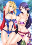  armpits artoria_pendragon_(all) artoria_pendragon_(lancer) ass_visible_through_thighs bangs bare_shoulders bikini blonde_hair blue_bikini blue_sky breast_hold breasts cleavage closed_mouth cloud collarbone cowboy_shot crown day eyepatch_bikini fate/grand_order fate_(series) flower frown green_eyes hair_between_eyes hair_flower hair_ornament highres large_breasts long_hair looking_at_viewer minamoto_no_raikou_(fate/grand_order) minamoto_no_raikou_(swimsuit_lancer)_(fate) multiple_girls nail_polish navel nez-kun ocean open_mouth outdoors palm_tree purple_bikini purple_eyes purple_hair side-tie_bikini sky sparkle splashing summer sweat swimsuit take_your_pick thigh_strap tree underboob very_long_hair water wet 