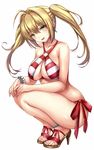  anklet blonde_hair blush bracelet breasts cleavage collarbone eyebrows_visible_through_hair fate/grand_order fate_(series) green_eyes high_heels highres jewelry large_breasts long_hair looking_at_viewer nero_claudius_(fate)_(all) nero_claudius_(swimsuit_caster)_(fate) parted_lips simple_background smile solo squatting taka-kun twintails white_background 