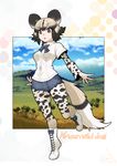  african_wild_dog_(kemono_friends) african_wild_dog_print animal_ears bangs black_eyes black_hair blue_bow blue_neckwear blue_shorts boots bow bowtie breasts character_name collared_shirt commentary_request cross-laced_footwear cutoffs denim denim_shorts dog_ears dog_tail eyebrows eyebrows_visible_through_hair full_body hair_between_eyes highres kemono_friends lace-up_boots leg_up light_brown_hair long_sleeves multicolored multicolored_clothes multicolored_hair multicolored_legwear open_mouth pantyhose pantyhose_under_shorts pocket savannah shirt short_hair short_over_long_sleeves short_sleeves shorts small_breasts solo standing standing_on_one_leg tail torn_clothes torn_shorts two-tone_hair umigarasu_(kitsune1963) white_footwear white_shirt 