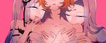  bare_shoulders bite_mark blood blood_splatter choker collarbone command_spell eyelashes facial_mark fate/grand_order fate_(series) fujimaru_ritsuka_(female) ggk-kgr head_out_of_frame light_smile long_hair looking_at_viewer multiple_girls orange_hair parted_lips pink_background purple_eyes purple_hair rider shirt_pull short_hair siblings sisters stheno tongue tongue_out twintails vampire yuri 