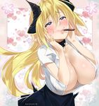  absurdres amon_patricia blonde_hair blush breasts brown_eyes cleavage floor_ni_maou_ga_imasu full-face_blush gaston18 highres horns large_breasts long_hair looking_up pointy_ears skirt smile solo 