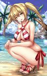  anklet beach blonde_hair blush bracelet breasts cleavage collarbone day eyebrows_visible_through_hair fate/grand_order fate_(series) green_eyes high_heels highres jewelry large_breasts long_hair looking_at_viewer nero_claudius_(fate)_(all) nero_claudius_(swimsuit_caster)_(fate) parted_lips smile solo squatting taka-kun twintails 