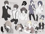  akechi_gorou amamiya_ren animal black_hair blonde_hair blue_eyes blue_hair cat glasses headphones highres kitagawa_yuusuke male_focus morgana_(persona_5) multiple_boys persona persona_5 sakamoto_ryuuji school_uniform short_hair shuujin_academy_uniform shuwa smile translated 