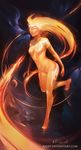  artist_name barefoot fire full_body glowing glowing_eyes highres long_hair navel nude orange_hair orange_skin rav89 smite sol_(smite) solo tattoo watermark web_address yellow_eyes 