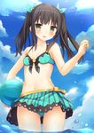  :d aqua_bikini aqua_ribbon ball bangs bare_arms bare_shoulders beachball bikini bikini_skirt black_hair blue_sky blush bow breasts cloud cloudy_sky collarbone commentary_request cowboy_shot day eyebrows_visible_through_hair flower front-tie_bikini front-tie_top green_eyes hair_ribbon halter_top halterneck holding holding_ball long_hair looking_at_viewer navel ocean open_mouth original outdoors ribbon sidelocks sky small_breasts smile solo standing striped sunlight swimsuit twintails usagino_suzu vertical-striped_bikini vertical_stripes wading water_drop wet yellow_bow 