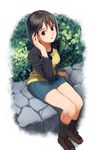  adjusting_hair black_hair bob_cut brown_eyes commentary denim denim_skirt eyebrows_visible_through_hair full_body hair_between_eyes highres long_sleeves looking_at_viewer nakahara_misaki nashigaya_koyomi nhk_ni_youkoso! open_mouth outdoors shoes short_hair sitting sitting_on_wall skirt socks solo stone_wall wall 