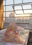  bed blue_eyes book brown_hair day highres holding holding_book indoors lamp long_hair looking_at_viewer lying on_back on_bed original pillow sho_(shoichi-kokubun) solo upside-down window 