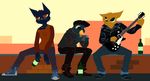  anthro avian bass beverage bird black_hoodie boots bottle button_(disambiguation) canine cat clothing colored dyed_fur feathers feline female footwear fox fur germ_(nitw) gregg_(nitw) group guitar hat hoodie jacket leather leather_jacket madkrazypony_(artist) mae_(nitw) male mammal musical_instrument night_in_the_woods nintendo nintendo_switch pants red_eyes shirt sitting video_games 