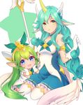  :d absurdres angel_wings animal_ears armlet bare_shoulders blue_eyes blush elbow_gloves fang full_body gloves green_eyes green_hair hairband hands_on_own_cheeks hands_on_own_face highres horns league_of_legends long_hair looking_at_viewer lulu_(league_of_legends) magical_girl multiple_girls open_mouth parted_lips pleated_skirt school_uniform serafuku short_sleeves skirt sleeveless smile soraka staff star_guardian_lulu star_guardian_soraka thighhighs uso_(ameuzaki) very_long_hair wings yordle 