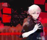  abstract bangs dated grey_eyes hand_on_own_chest heterochromia ishida_sui kaneki_ken limited_palette looking_at_viewer male_focus red red_eyes serious short_sleeves signature solo tokyo_ghoul white_hair 