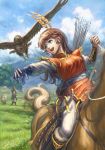  1boy 1girl absurdres arrow bird blue_eyes brown_hair commentary_request earrings falcon fantasy feathers fur_trim gloves highres horse horseback_riding jewelry long_hair original outdoors quiver riding saber_(weapon) scabbard scenery sheath sheathed sheep shiki_makoto single_glove sky solo_focus sword weapon 