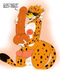  2018 anthro areola balls big_breasts breasts cheetah cheetos chester_cheetah dialogue dickgirl digital_media_(artwork) dildo english_text eyewear feline hi_res holding_object holding_sex_toy humanoid_penis intersex mammal nipples penis sex_toy solo suirano sunglasses text thick_thighs 