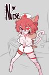  2016 anthro breasts cat clothing drooling eye_patch eyewear feline female hair hat legwear mammal marie_(paperclip) nurse nurse_uniform open_mouth paperclip_(artist) pink_hair red_eyes saliva simple_background solo stockings teeth tongue tongue_out uniform 