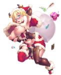  1girl areolae blonde_hair blue_eyes blush breast_press breasts candy chocolate christmas curvy female food glasses hat huge_breasts lilith-soft moaning nipples no_bra open_mouth potion_(moudamepo) puffy_nipples santa_hat shinohara_mari shiny shiny_skin short_hair simple_background solo taimanin_(series) taimanin_asagi taimanin_rpgx white_background 