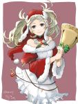  1girl bell blonde_hair blue_eyes christmas_ornaments closed_mouth dated dress fire_emblem fire_emblem:_kakusei fire_emblem_heroes fur_trim hat holding_bell liz_(fire_emblem) long_hair long_sleeves nintendo pom_pom_(clothes) red_hat robaco santa_costume santa_hat simple_background smile solo twintails twitter_username 
